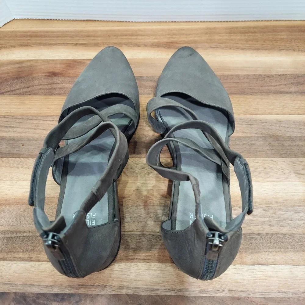 Eileen Fisher Wedge Sandals Women's 10 Gray Leather Strappy Pointed Toe Zip Back